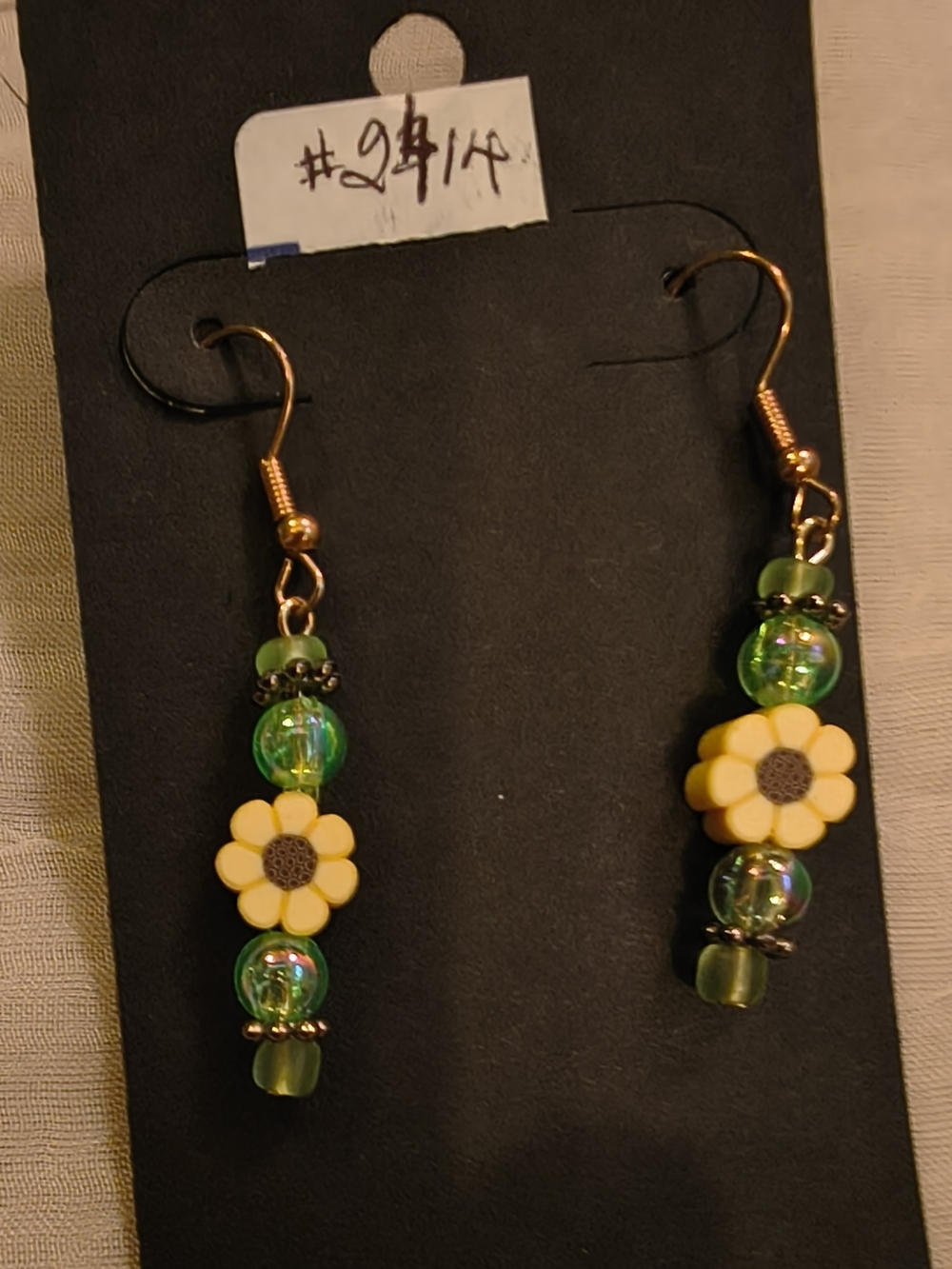 Handmade Yellow Daisy Drop Earrings with Green Beads